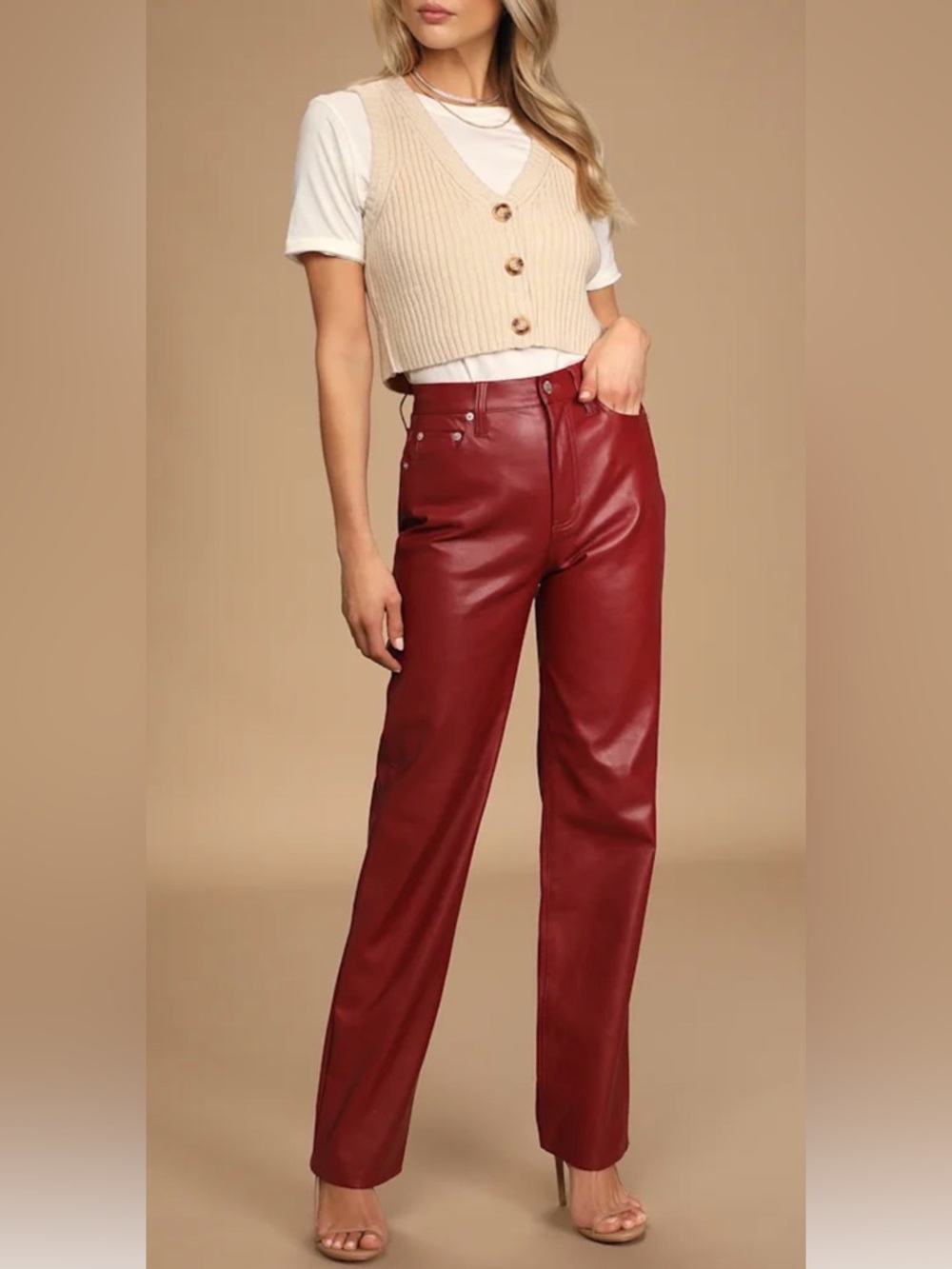 Pistola Cassie Red Vegan Leather High-Waisted Straight Pants